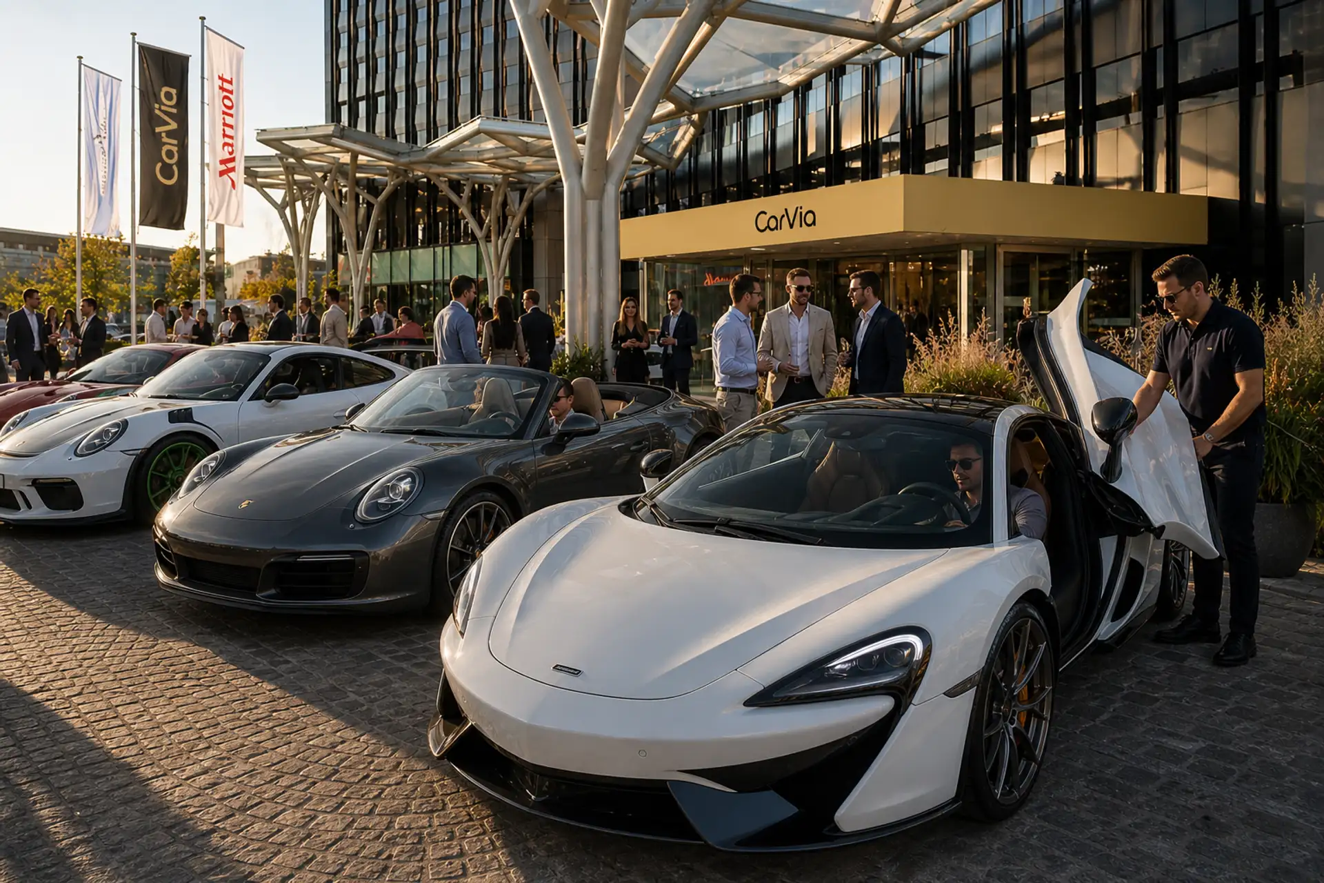 Premium Cars stehen beim CarVia Opening Event vor dem Marriott Frankfurt für begleitete Testfahrten bereit.